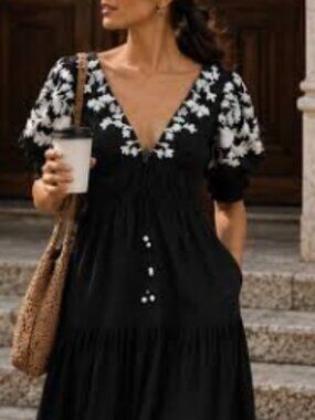 ✨ NWT ASH & EDEN Arianna V-Neck Black/White Embroidered Midi Dress Size S✨
